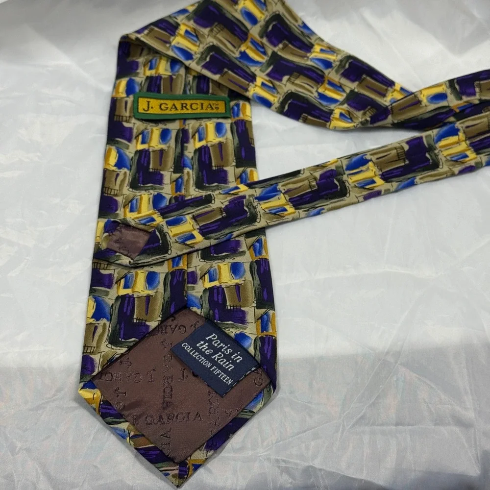 J. Garcia OS Tie Mens Multicolor Paris in the Rain‎ Collection 15 Silk Abstract